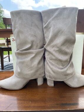 Nine West Slouchy Mid-Calf Heeled Boots - Light Gray Suede
